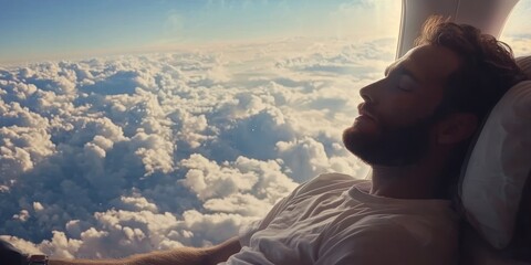 Man relaxing on a plane, staring out of the window above the clouds