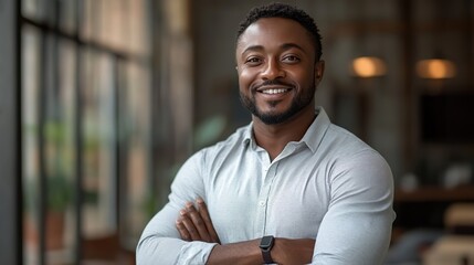 Obraz premium successful male entrepreneur smiling confidently with arms crossed in modern office setting