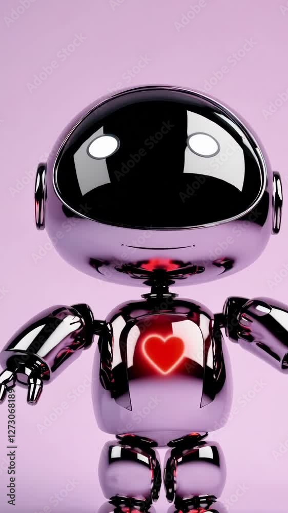 Poster shiny metallic robot with heart icon transitioning colors in three frames