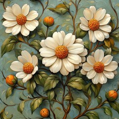 An oil painting with thick, textured brushstrokes featuring small daisies, vibrant floral details
