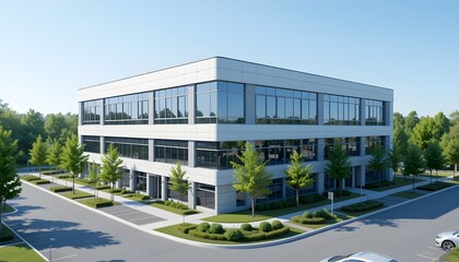 Modern office building complex, two stories, (architecture:1.3), (detailed glass windows:1.2), light gray and blue facade,  (smooth surface:1.1),  (geometric design:1.2),  park-like landscaping, 