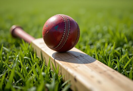 Worn cricket ball resting on a bat, on vibrant green grass, idyllic outdoor moment - Powered by Adobe