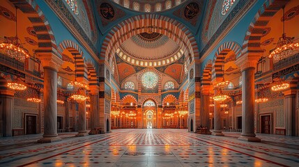 Obraz premium suleymaniye mosque interior with ornate dome and chandeliers istanbul turkey