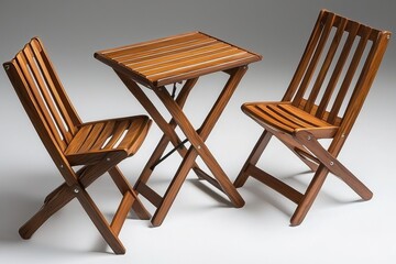 Elegant wooden bistro set featuring two folding chairs and a square table in a studio setting radiates minimalist charm and sustainable design