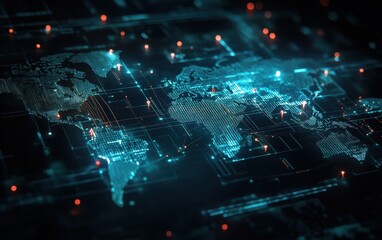 Abstract futuristic map featuring glowing blue pins and interconnected lines for a modern digital landscape.