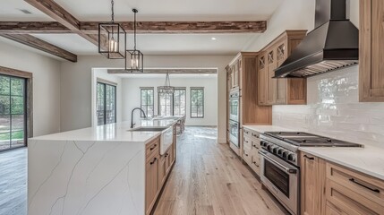 Bright and Airy Kitchen Interior with Island, Wooden Beams, and Natural Light Showcasing Modern Farmhouse Design and Open Concept Living Space