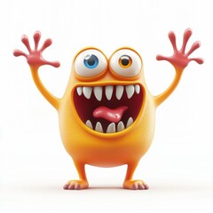 Playful monster with four arms waving isolated on white background