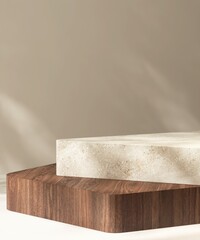 Two double layer of square cube geometric stone and wood podium table in dappled sunlight on beige brown wall for cosmetic, skincare, body care product podium background 3D