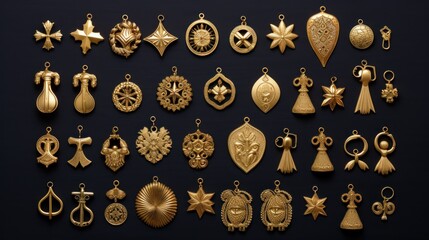 Intricate gold charms collection displaying diverse designs on dark surface