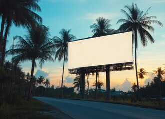 A large blank billboard with a white background stands prominently on a busy city street, inviting creative advertisements.