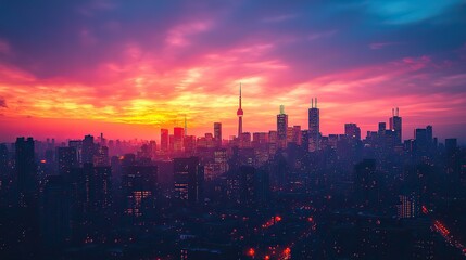 Obraz premium sunset silhouettes majestic urban skyline and soaring skyscrapers reflecting the vibrant economic pulse and architectural grandeur of the city