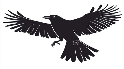 Obraz premium Silhouette of a crow mid-flight, dramatic pose with wings outstretched, deep black contrast on white background.
