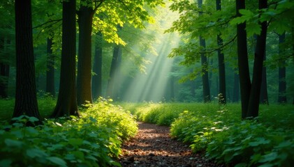 Fototapeta premium Quiet forest glade with subtle gradations of greens and browns, foliage, greens, natural