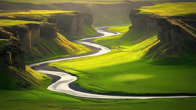 Iceland river valley sunlight landscape scenic travel