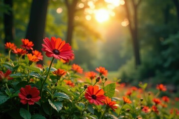 Fototapeta premium Scarlet sunlit flowers against a backdrop of towering green trees and lush foliage in a serene landscape, nature photography, flower