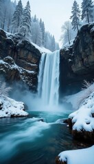 Obraz premium Serene atmosphere of Khuchninsky waterfall in winter, dagestan, misty, cold