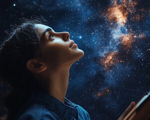 Woman gazing at night sky, book in hand, cosmic background, contemplation, stock photo