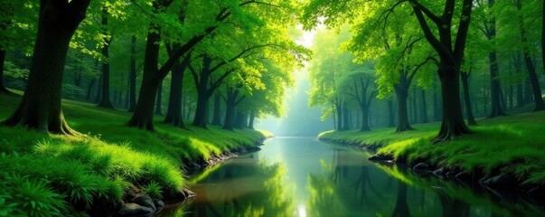 Obraz premium Serene forest on riverbank with plane trees forming a canopy, greenery, plane tree alley