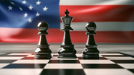 Naklejka premium Black chess pieces, king, pawns, on a chessboard against a blurred US flag.