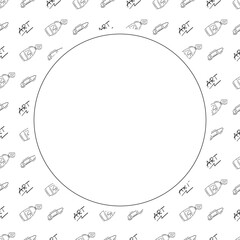 Naklejka premium artist tool frame. doodle art supplies circle frame. hand drawn artist kit frame background. art material background
