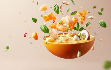 Floating coconut curry soup with ingredients suspended in air, isolated on a bright background