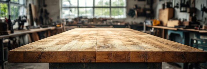 Rustic wooden workshop table in an industrial workspace, sturdy surface for carpentry