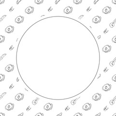 artist tool frame. doodle art supplies circle frame. hand drawn artist kit frame background. art material background