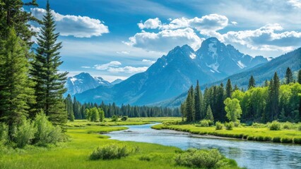 Stunning Vector Flat Landscape Illustration of Beautiful Nature View with Mountains, Trees, and a Serene River in the Foreground, Perfect for Nature Lovers and Graphic Design Projects