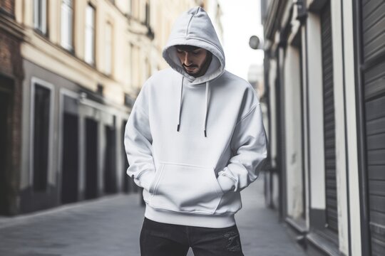 Young Man in White Hoodie Walking on Urban Street with Hood Up