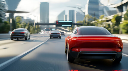 Fototapeta premium Ai-powered autonomous cars with digital patterns driving on urban roads futuristic cityscape dynamic landscape aerial perspective for enhanced mobility