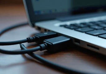 USB connections being made on a laptop during evening hours