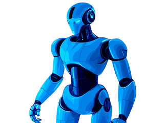 Futuristic blue robot standing Tall in a futuristic styling with blue glowing eyes 