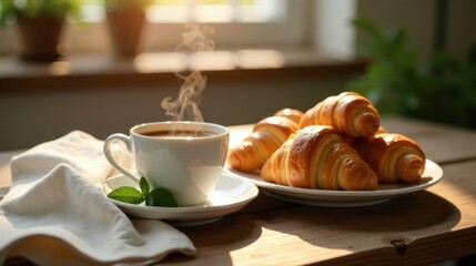 Warm morning beverage and freshly baked pastries on a wooden table in sunlight
