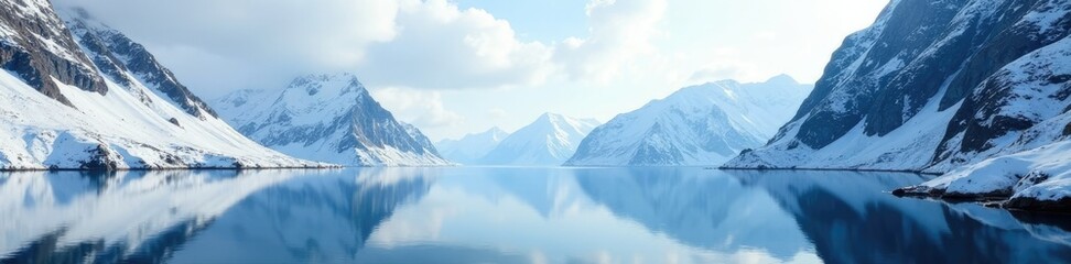Snow-dusted mountains reflected in a serene fjord, snowy, fjord