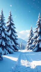 Snow-covered trees with blue sky and snowflakes falling, winter, scenery