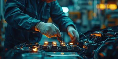 Electrical technician repairing machinery in industrial facility close-up view technology concept