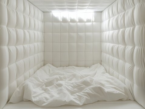 A soft, white padded seclusion room with cushioned walls and floors, violent madman room