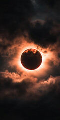 Obraz premium Dramatic solar eclipse with glowing corona surrounded by dark clouds mysterious celestial phenomenon