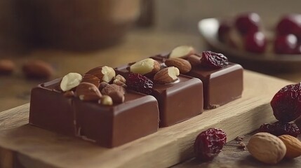 Gourmet chocolate squares, almonds, cherries, rustic wood, kitchen, dessert
