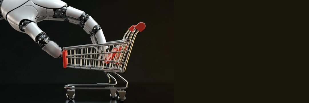 Banner of robotic hand gripping supermarket cart isolated on dark background with copy space. Futuristic online shopping technology digital payment with AI. - Powered by Adobe