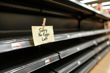 Empty supermarket shelves with sign notifying customers there are no eggs left after sold out from panic buying as public stock up due to shortage cause by avian flu disease. Desperate times. Concept.