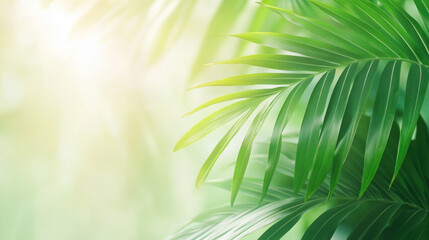 Obraz premium Lush tropical palm leaves with sunlight creating a serene and vibrant green nature background