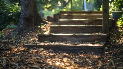 Naklejka premium Sunlit Wooden Steps in a Garden Path