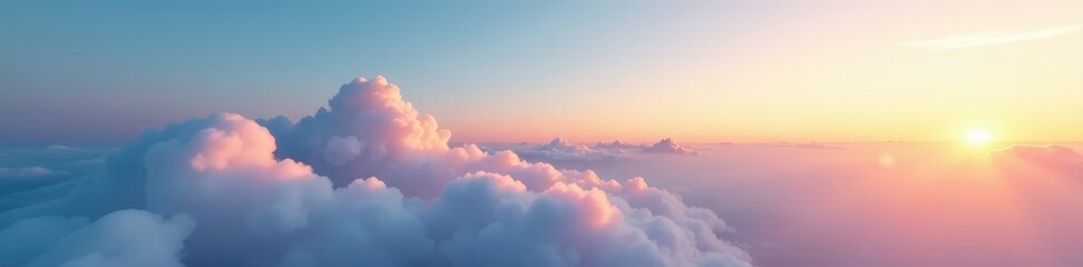 Fototapeta premium Softly glowing clouds drift across the pale blue sky at sunrise, natural light, morning, soft focus