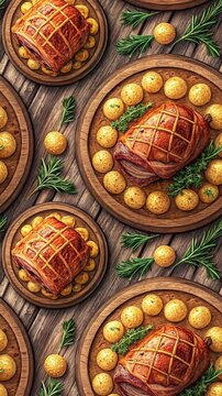 Schweinshaxe. Pork knuckle. Seamless background. Pork knuckle with potato dumplings, wooden plate. The dish is garnished with fresh herbs, probably parsley or dill, which adds a bright accent 