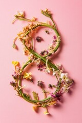 Number eight made from vibrant flowers on a soft pink background