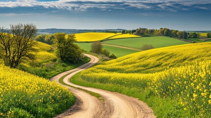 Obraz premium Winding road through yellow rapeseed fields, sunny hills, spring landscape, travel poster
