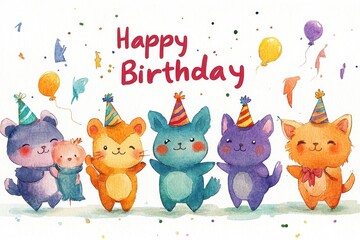 whimsical watercolor painting of marching animals wearing party hats and holding streamers