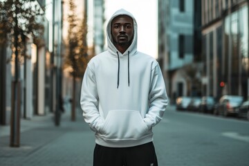 Fototapeta premium Young man in white hoodie standing on urban street at dusk