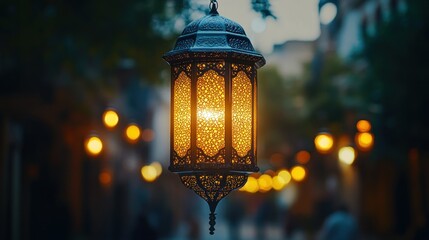 Ornate lantern glowing in a city street at dusk